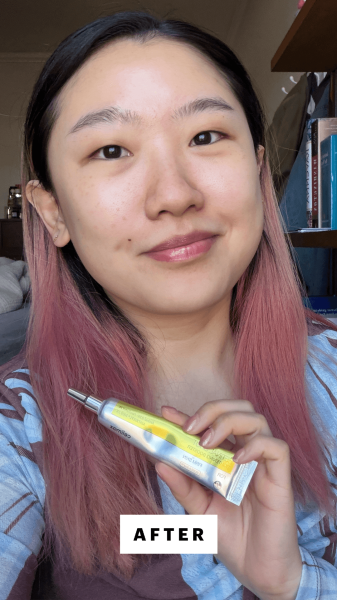A selfie of Allure commerce editor Sarah Han after applying the Celimax The VitaA Retinal 0.1 Shot Booster